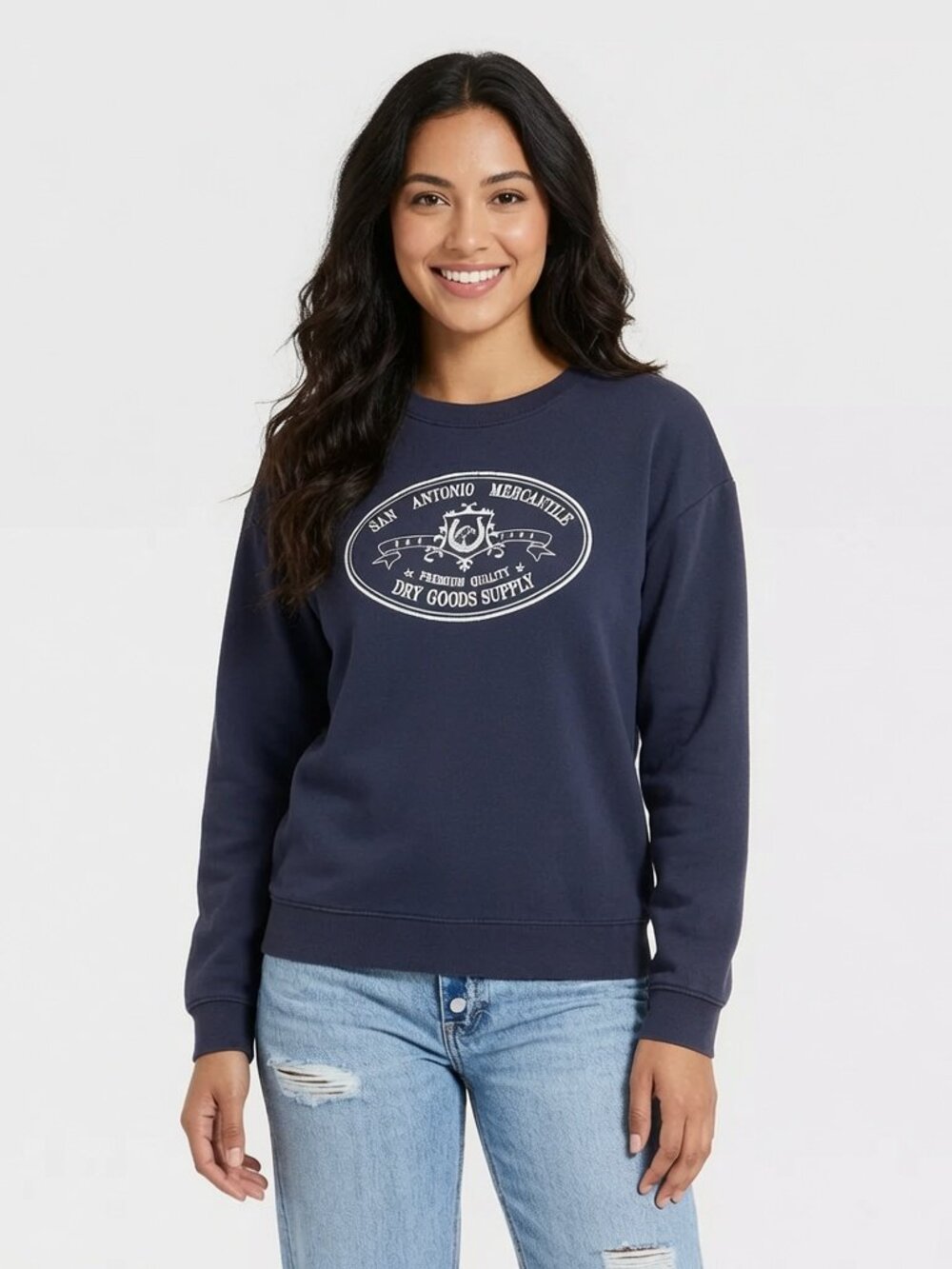 NEW Universal Thread Women's San Antonio Mercantile Graphic Pullover Large Blue